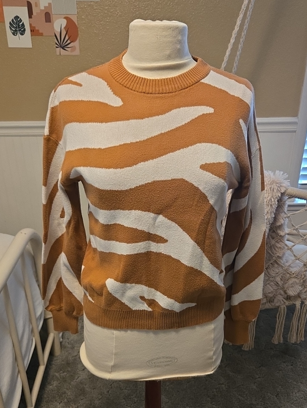 Amour Vert Tan and Cream Zebra-Pattern Crewneck Sweater